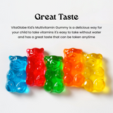 Colorful gummy bear-shaped vitamins on a white background with text about their taste and ease of use.