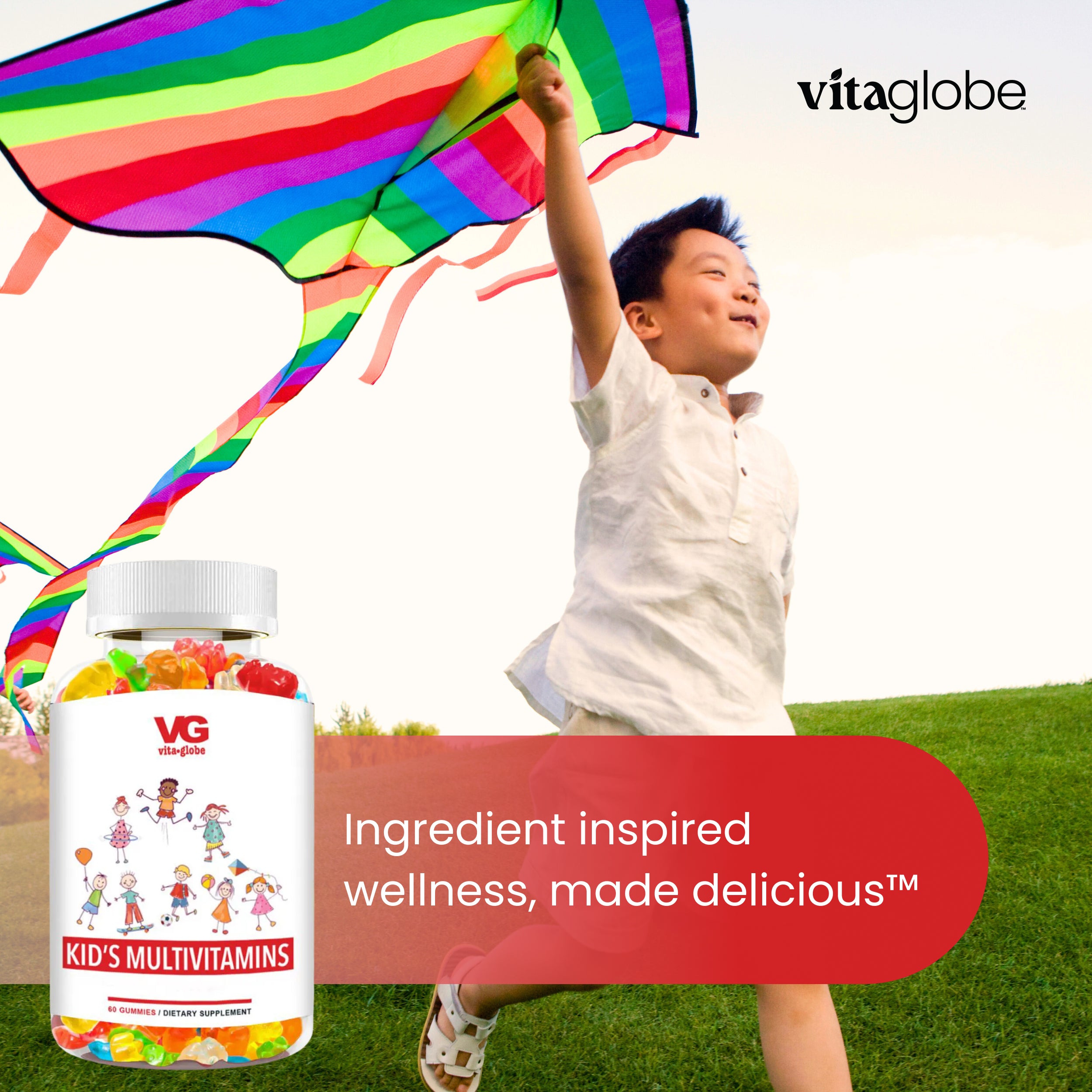 Child flying a kite with Vitaglobe kids multivitamins bottle in the foreground