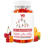 A bottle of VG Vite-Globe Kid's Multivitamins gummies, shown with red, orange, and yellow gummy bears and fresh fruit slices (cherries, strawberries, oranges) on a clean white background.