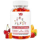 A bottle of VG Vite-Globe Kid's Multivitamins gummies, shown with red, orange, and yellow gummy bears and fresh fruit slices (cherries, strawberries, oranges) on a clean white background.