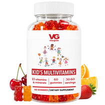 A bottle of VG Vite-Globe Kid's Multivitamins gummies, shown with red, orange, and yellow gummy bears and fresh fruit slices (cherries, strawberries, oranges) on a clean white background.