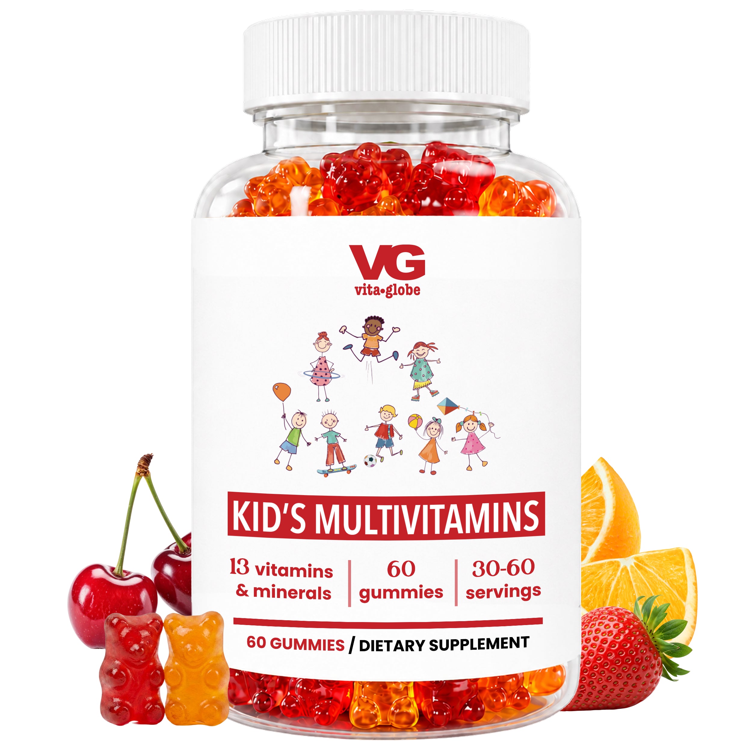 A bottle of VG Vite-Globe Kid's Multivitamins gummies, shown with red, orange, and yellow gummy bears and fresh fruit slices (cherries, strawberries, oranges) on a clean white background.