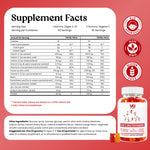 Supplement facts label for VG Kids Multivitamin gummies, showing a product bottle with illustrations of strawberries, oranges, and grapes, alongside a detailed nutrition table, usage instructions, and certification badges on a coral pink background.