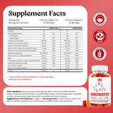 Supplement facts label for VG Kids Multivitamin gummies, showing a product bottle with illustrations of strawberries, oranges, and grapes, alongside a detailed nutrition table, usage instructions, and certification badges on a coral pink background.