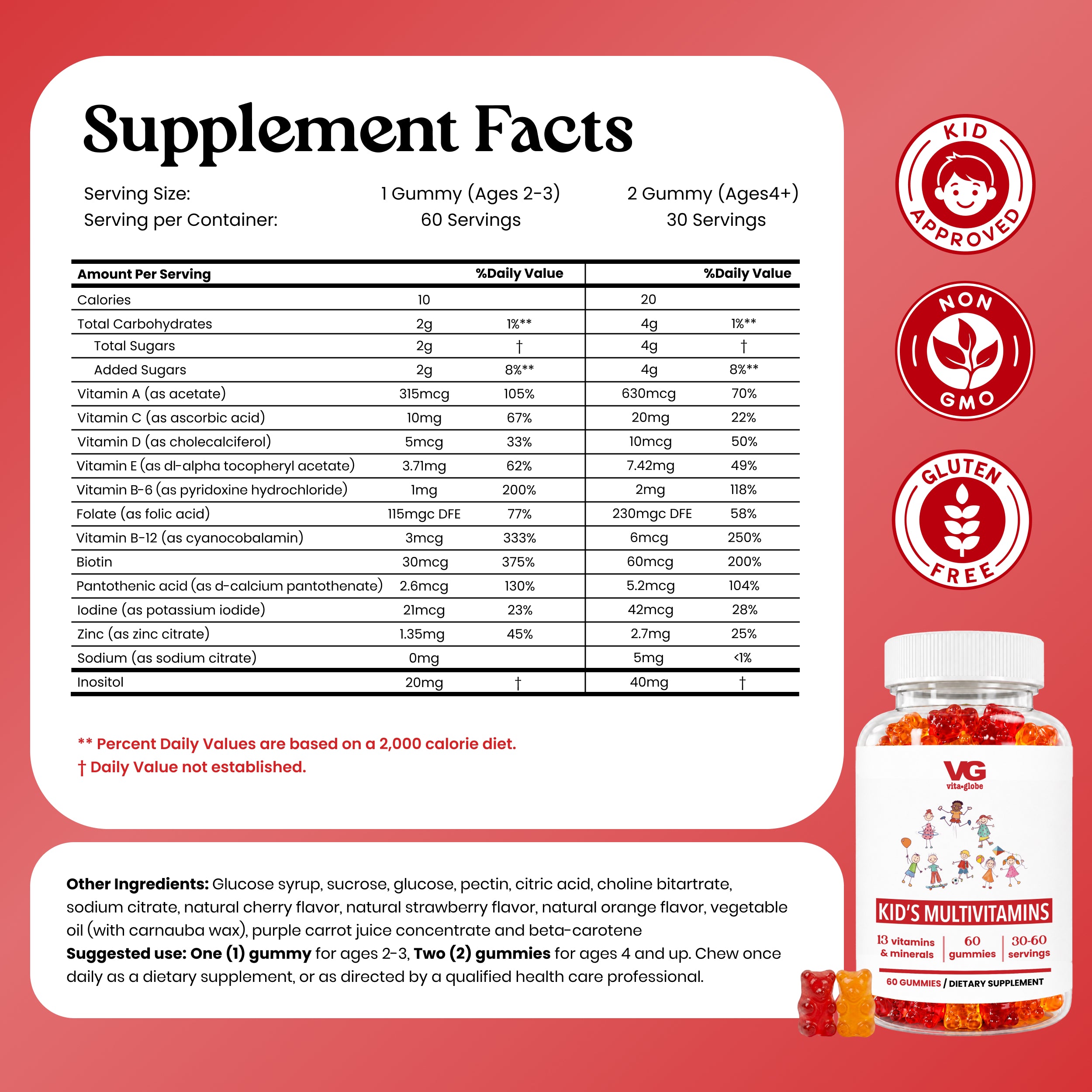 Supplement facts label for VG Kids Multivitamin gummies, showing a product bottle with illustrations of strawberries, oranges, and grapes, alongside a detailed nutrition table, usage instructions, and certification badges on a coral pink background.