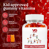 A bottle of VG Vिला-гlobe Kid's Multivitamin gummy vitamins shown against a red gummy bear background, with marketing text on the left side.