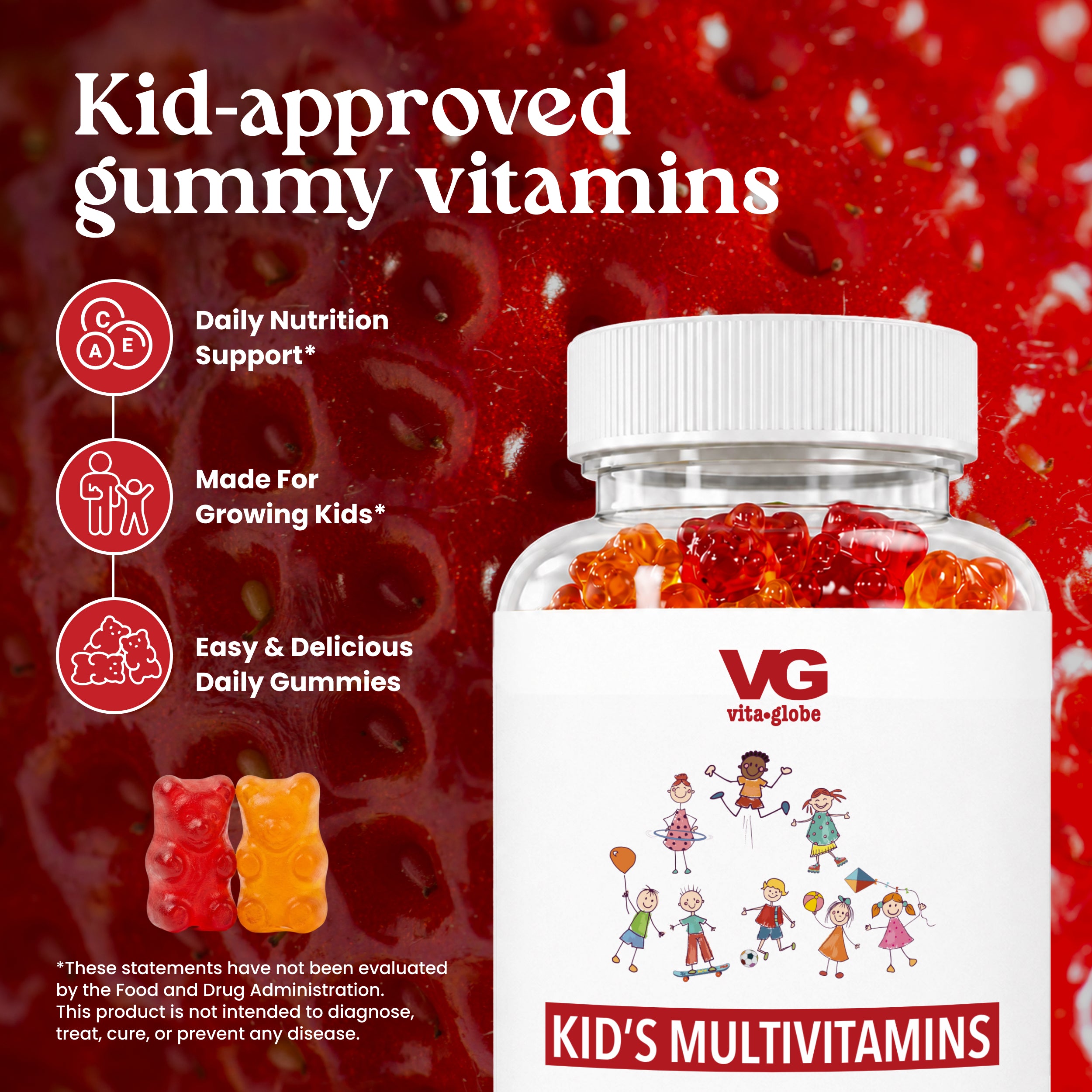 A bottle of VG Vिला-гlobe Kid's Multivitamin gummy vitamins shown against a red gummy bear background, with marketing text on the left side.