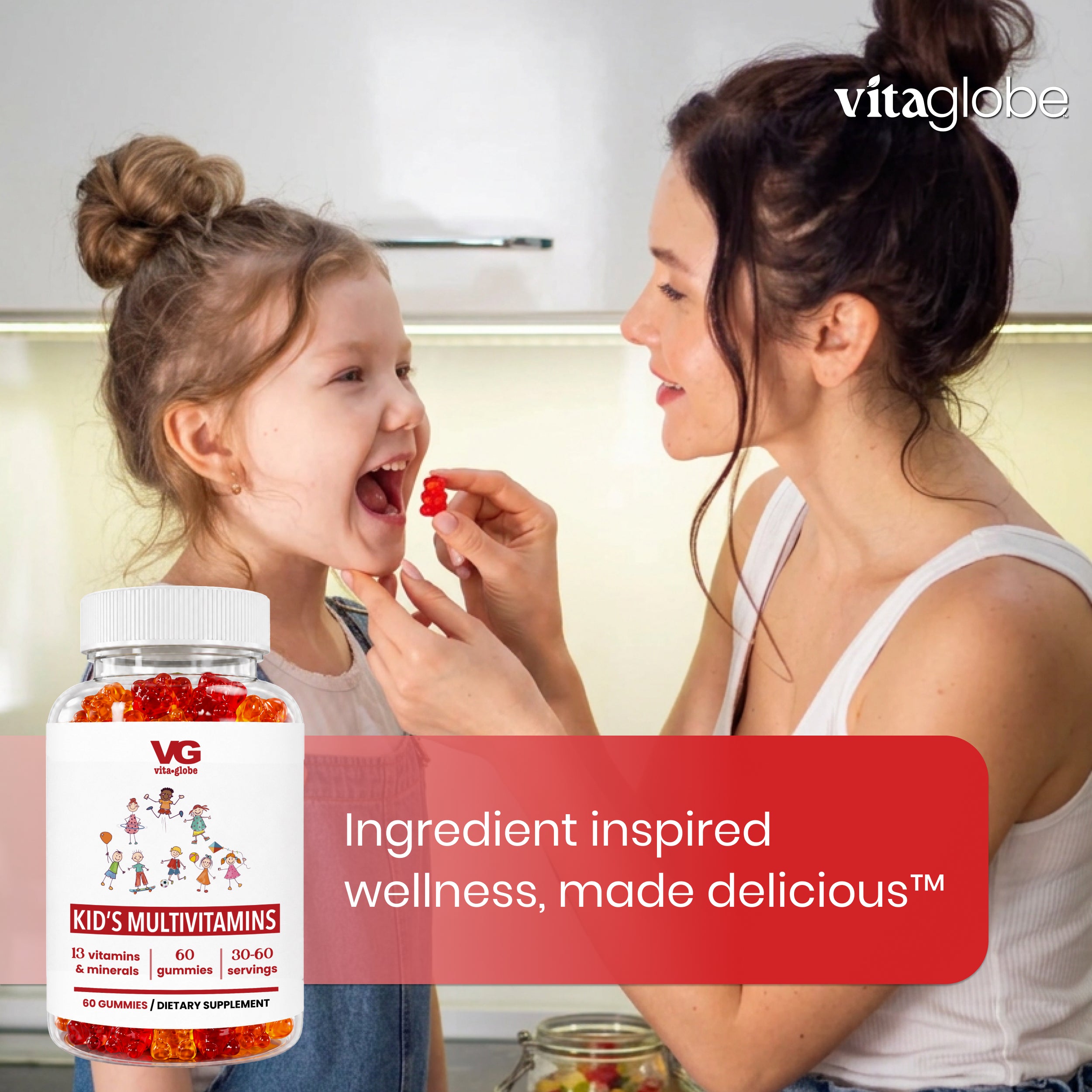 A woman feeding a young girl a red gummy vitamin, with a bottle of VG Kids Multivitamins in the foreground and a red text banner reading 'Ingredient inspired wellness, made delicious'.