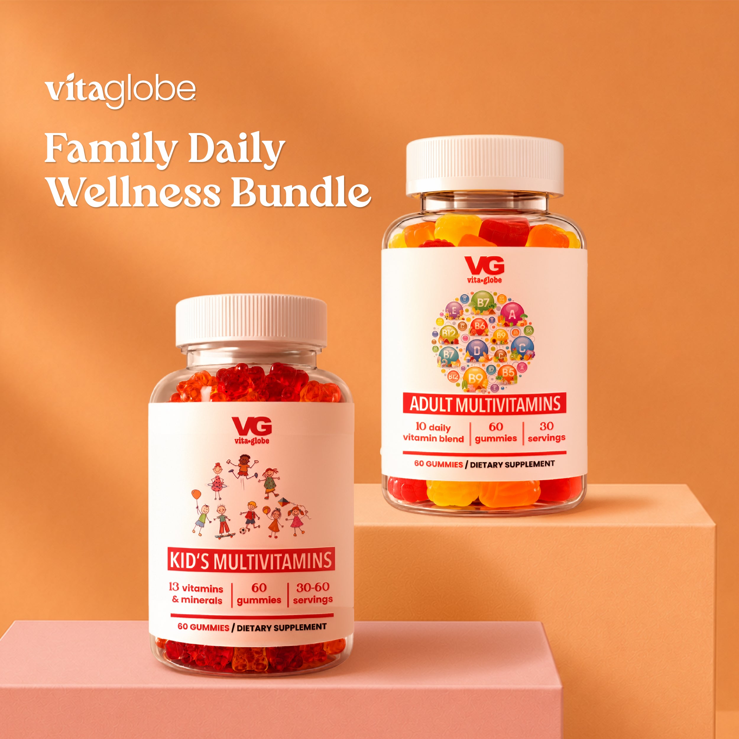 Two Vitaglobe dietary supplement bottles displayed on pink pedestals against a peach background. The front bottle is labeled 'Kid's Multivitamins' and contains red gummies, while the rear bottle is labeled 'Adult Multivitamins' and contains a multicolor mix of gummies.