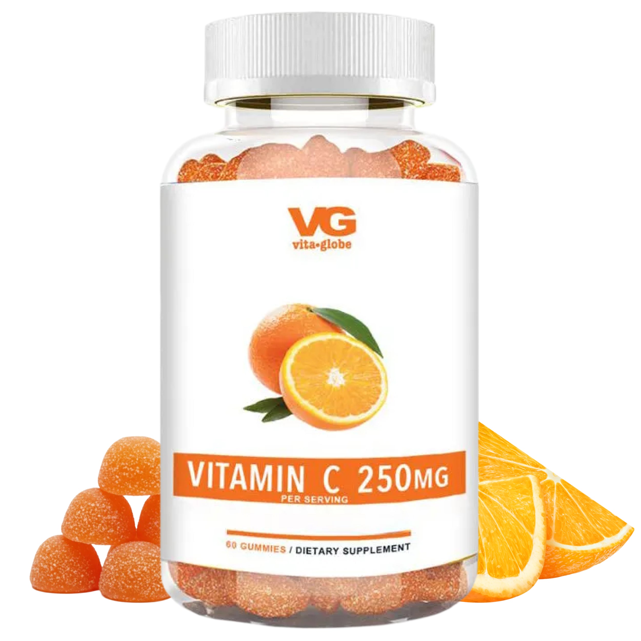 Vitamin C gummy supplement bottle with orange slices on a white background