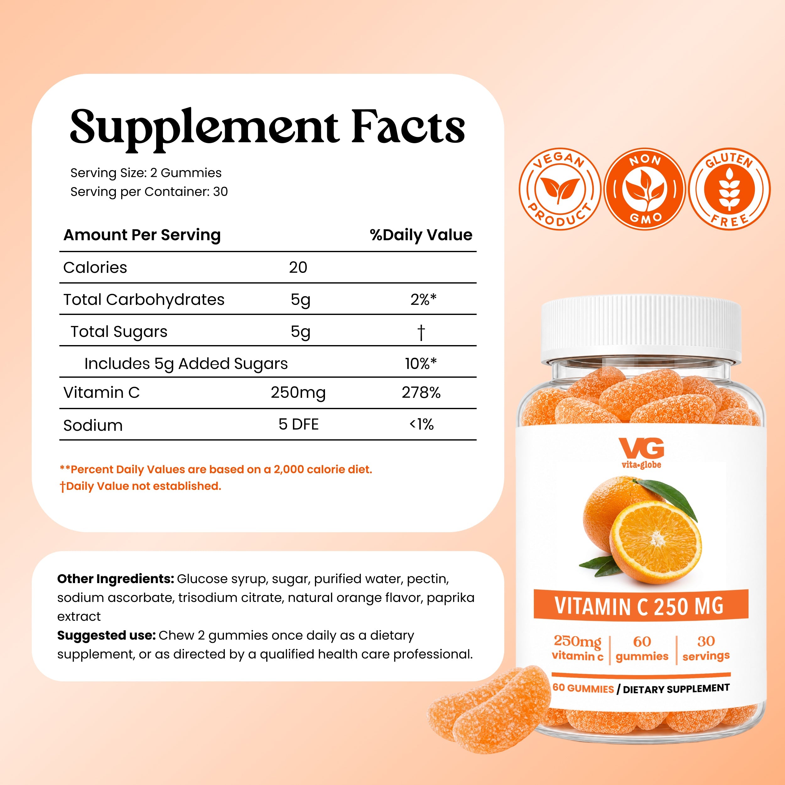 Vitamin C 250mg gummies supplement facts panel