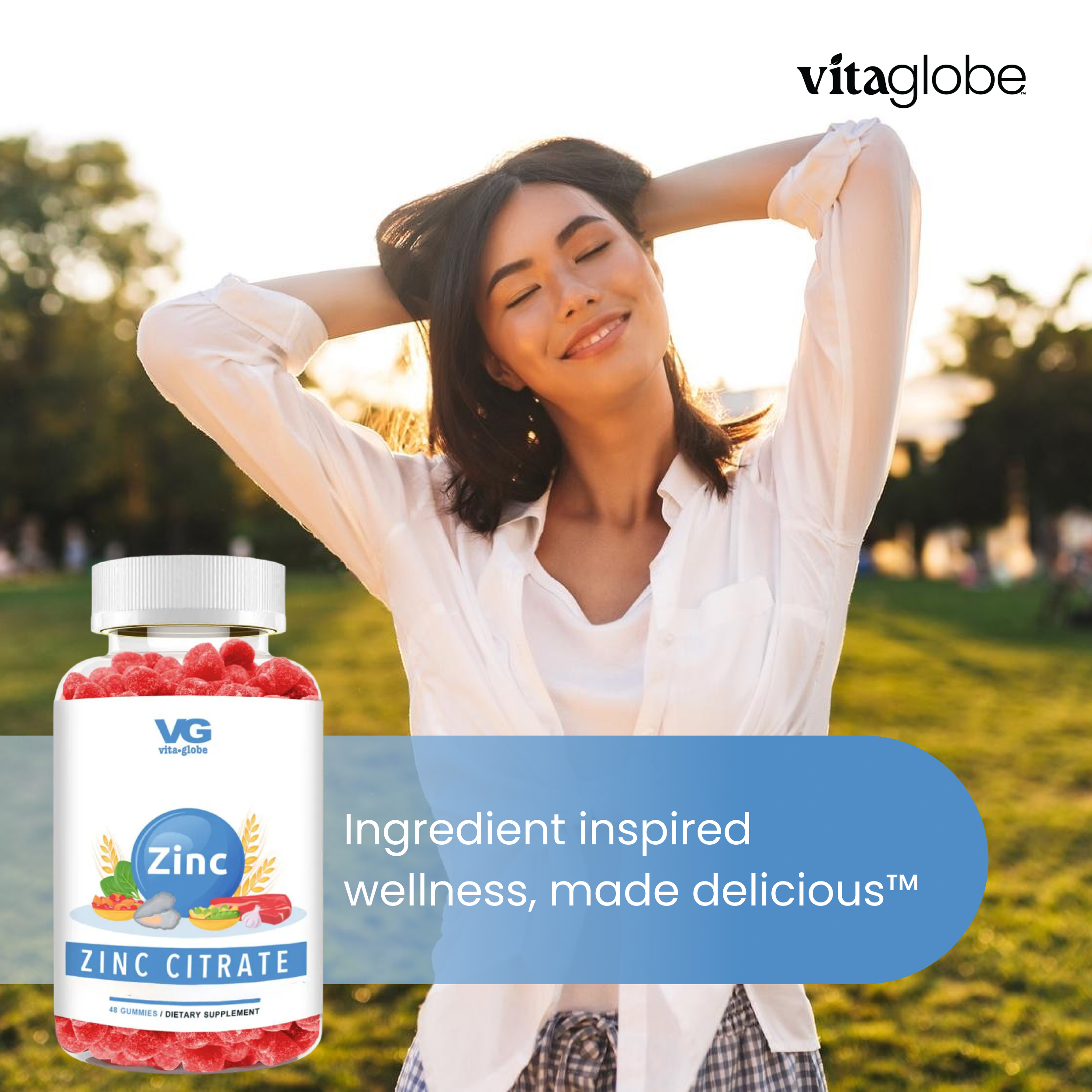 Woman in a park with a bottle of Vitaglobe Zinc Citrate supplement