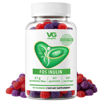 A clear plastic bottle of VG Vita-Globe Fos Inulin dietary supplement gummies, shown with a white cap and white label, surrounded by scattered red and purple gummies on a white background.
