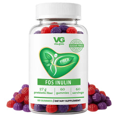 A clear plastic bottle of VG Vita-Globe Fos Inulin dietary supplement gummies, shown with a white cap and white label, surrounded by scattered red and purple gummies on a white background.