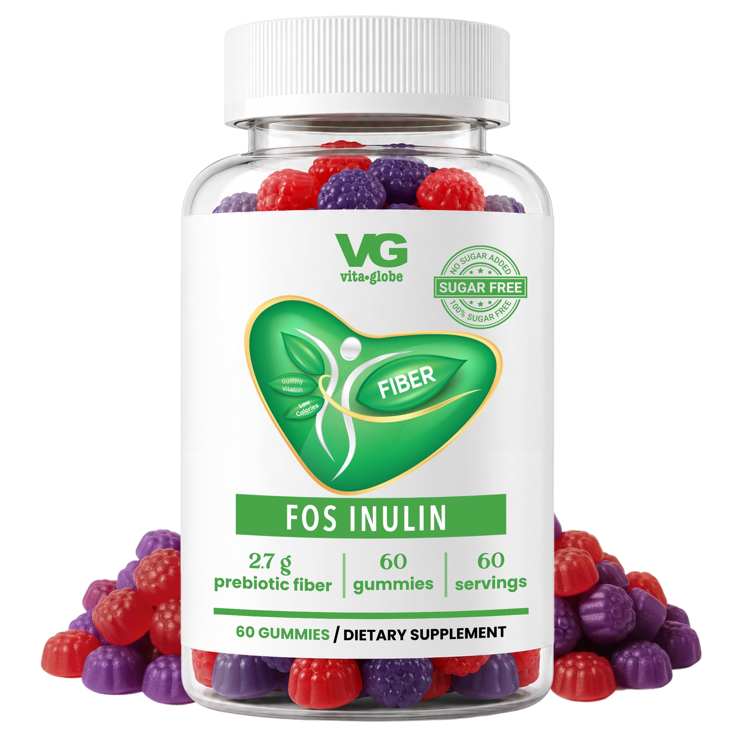 A clear plastic bottle of VG Vita-Globe Fos Inulin dietary supplement gummies, shown with a white cap and white label, surrounded by scattered red and purple gummies on a white background.
