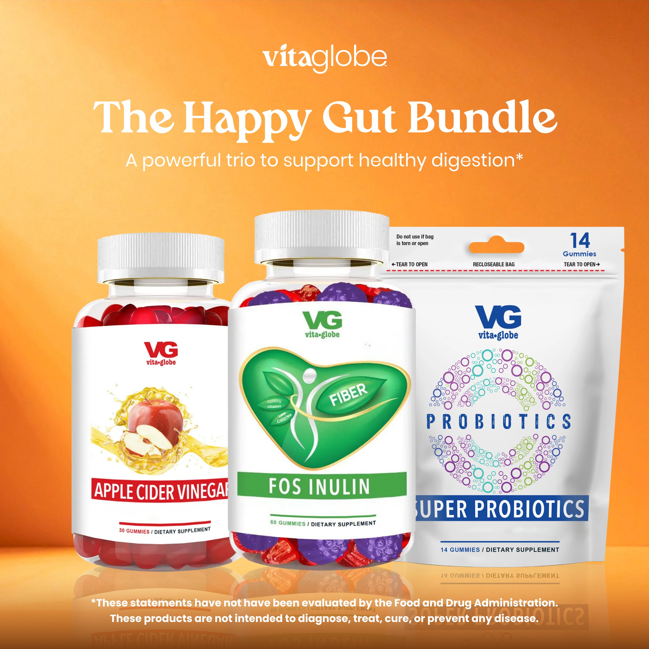Vita globe Happy Gut Bundle with supplement bottles and packaging on an orange background