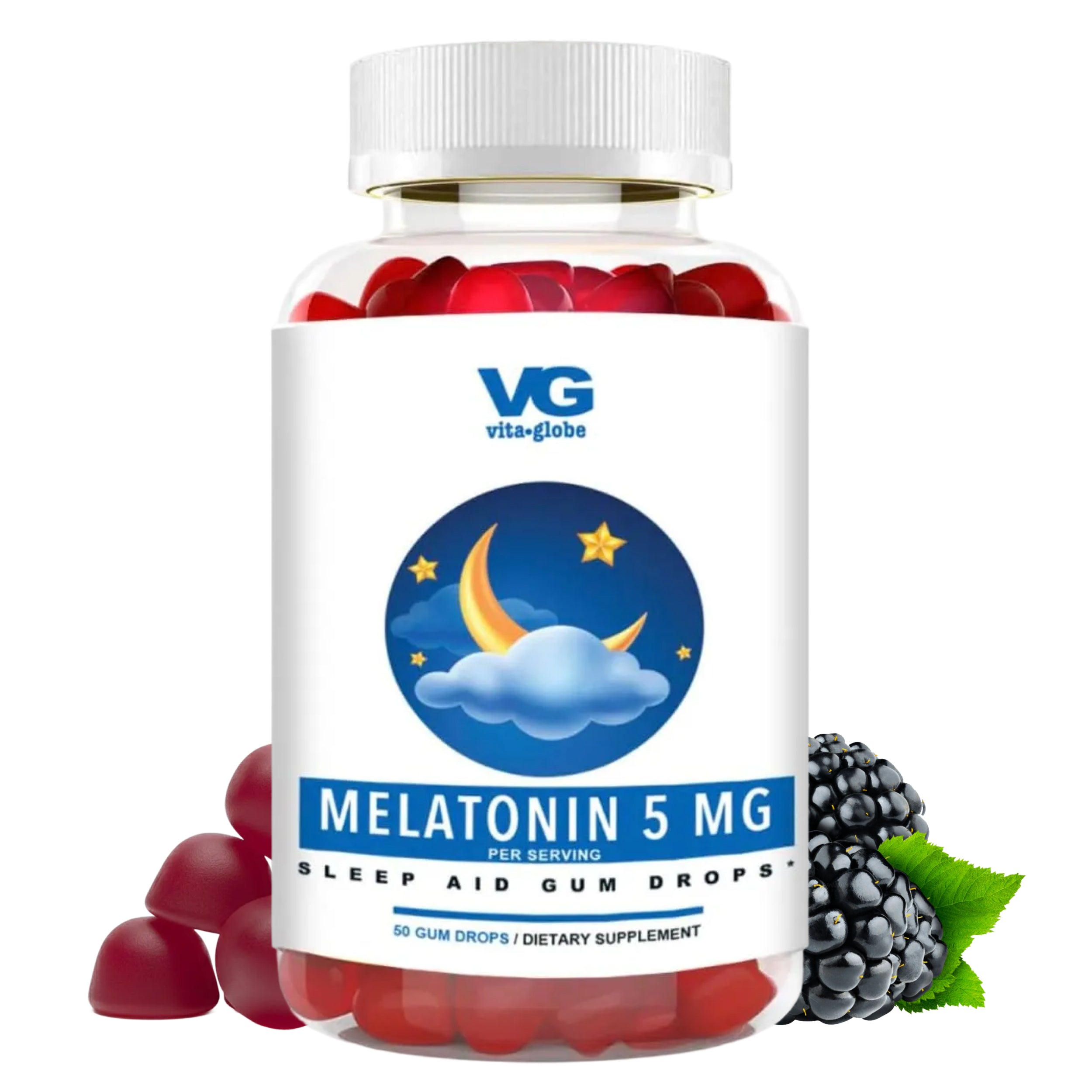 Bottle of Vita-Globe Melatonin 5 MG sleep aid gum drops on a white background