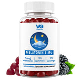 A clear plastic bottle of vita-globes Melatonin 5 MG dietary supplement gummies, filled with red gummies and topped with a white cap. The white label features a blue and yellow moon graphic.