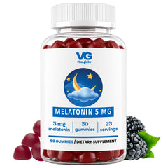 A clear plastic bottle of vita-globes Melatonin 5 MG dietary supplement gummies, filled with red gummies and topped with a white cap. The white label features a blue and yellow moon graphic.
