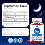 A bottle of VG Wellness Melatonin 5mg gummies shown with a large Supplement Facts panel and ingredient callout on a dark blue starry background. The bottle is white with a blue label and white cap, with several red gummies placed in front.
