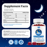 A bottle of VG Wellness Melatonin 5mg gummies shown with a large Supplement Facts panel and ingredient callout on a dark blue starry background. The bottle is white with a blue label and white cap, with several red gummies placed in front.