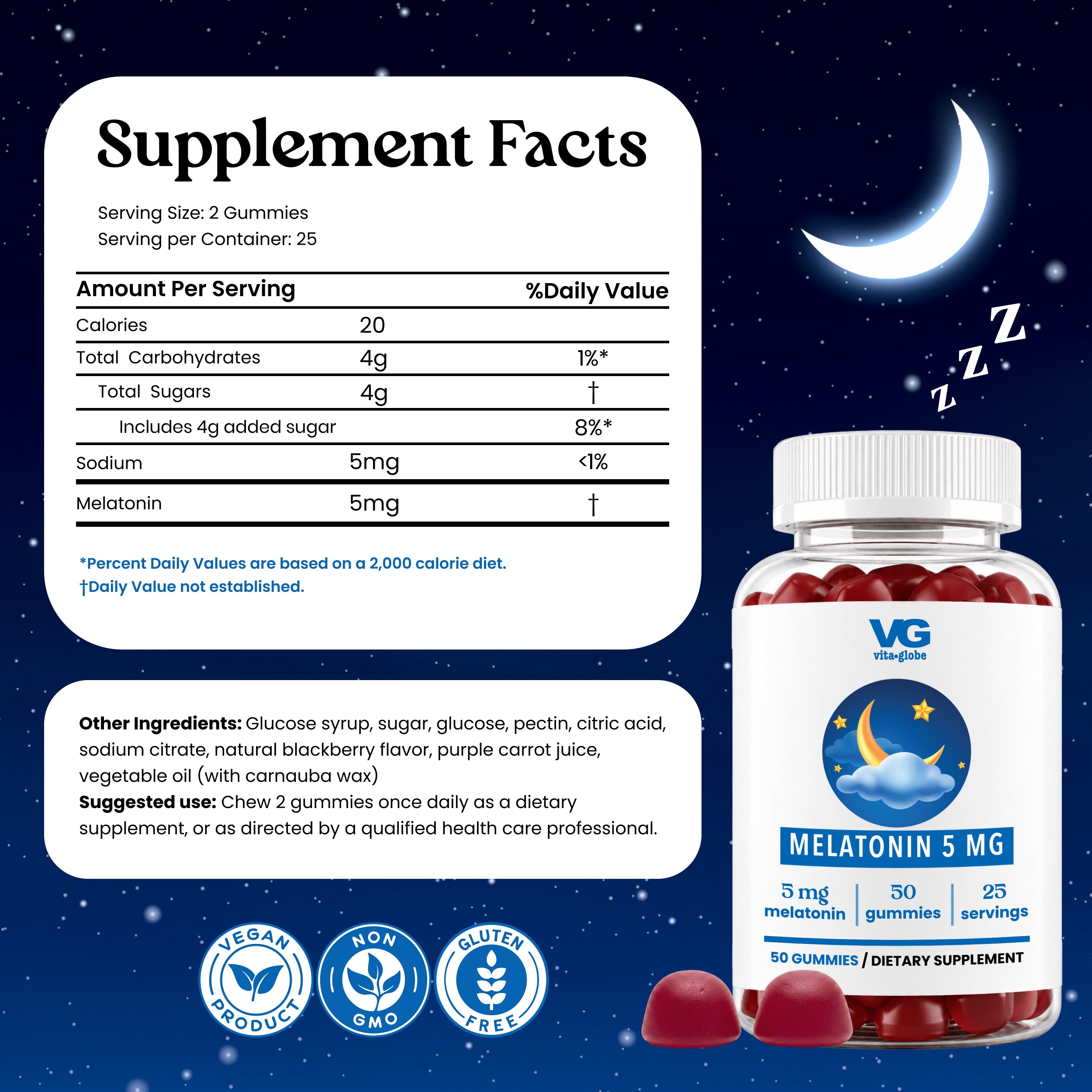 A bottle of VG Wellness Melatonin 5mg gummies shown with a large Supplement Facts panel and ingredient callout on a dark blue starry background. The bottle is white with a blue label and white cap, with several red gummies placed in front.