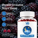 A bottle of VG Vita-Globe Melatonin 5 MG supplements shown against a background of fresh blackberries. The bottle is white with a blue and yellow moon graphic on the label.