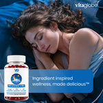 A woman sleeping soundly in bed next to a bottle of vitaglobe Melatonin 5 mg dietary supplement, with a blue banner reading 'Ingredient inspired wellness, made delicious'.
