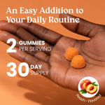 A hand holding two orange peach-flavored gummies with promotional text reading 'An Easy Addition to Your Daily Routine,' '2 Gummies Per Serving,' '30 Day Supply,' and a 'Peach - Flavored' icon.