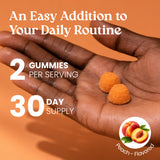 A hand holding two orange peach-flavored gummies with promotional text reading 'An Easy Addition to Your Daily Routine,' '2 Gummies Per Serving,' '30 Day Supply,' and a 'Peach - Flavored' icon.