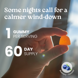 Hand holding a gummy with text about a 60-day supply and blueberry flavor.