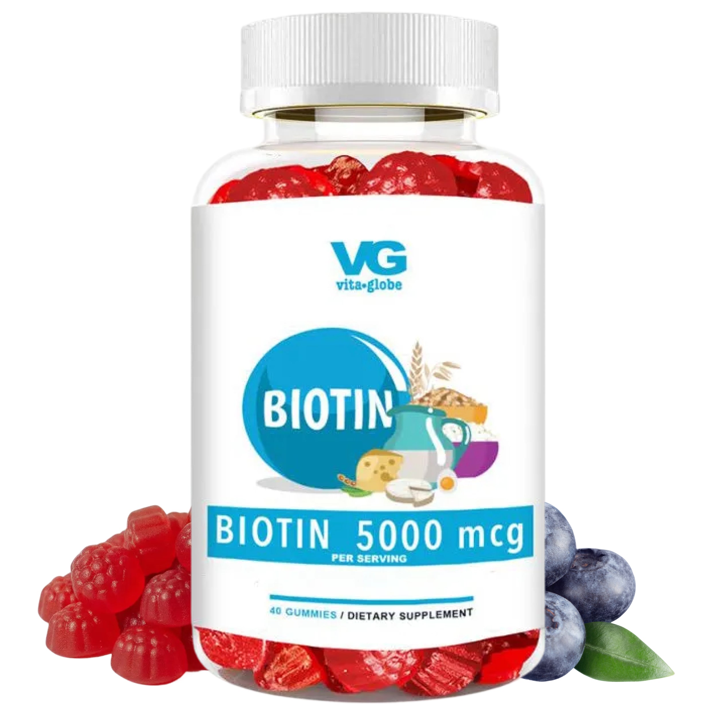 Vita-Globe Biotin supplement bottle with gummy bears and blueberries on a white background