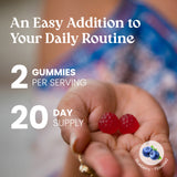 Hand holding two gummy vitamins with text about serving size and supply duration.