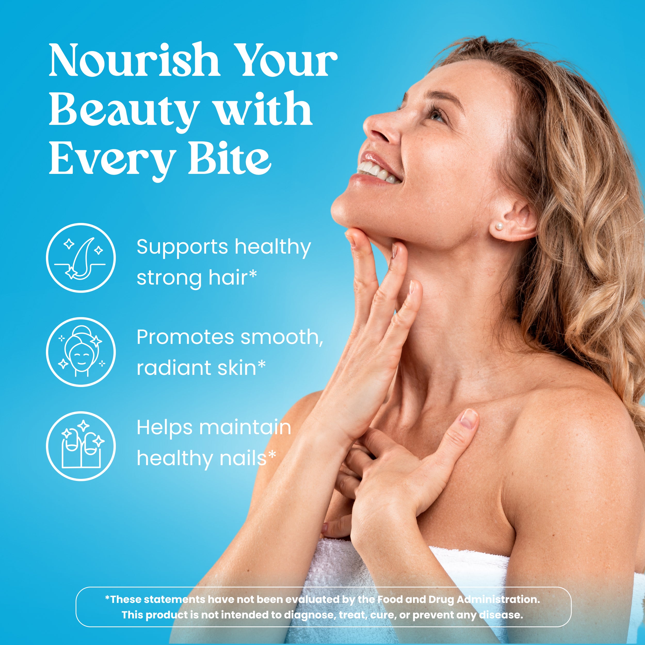 Woman touching her face with a blue background and text about nourishing beauty.