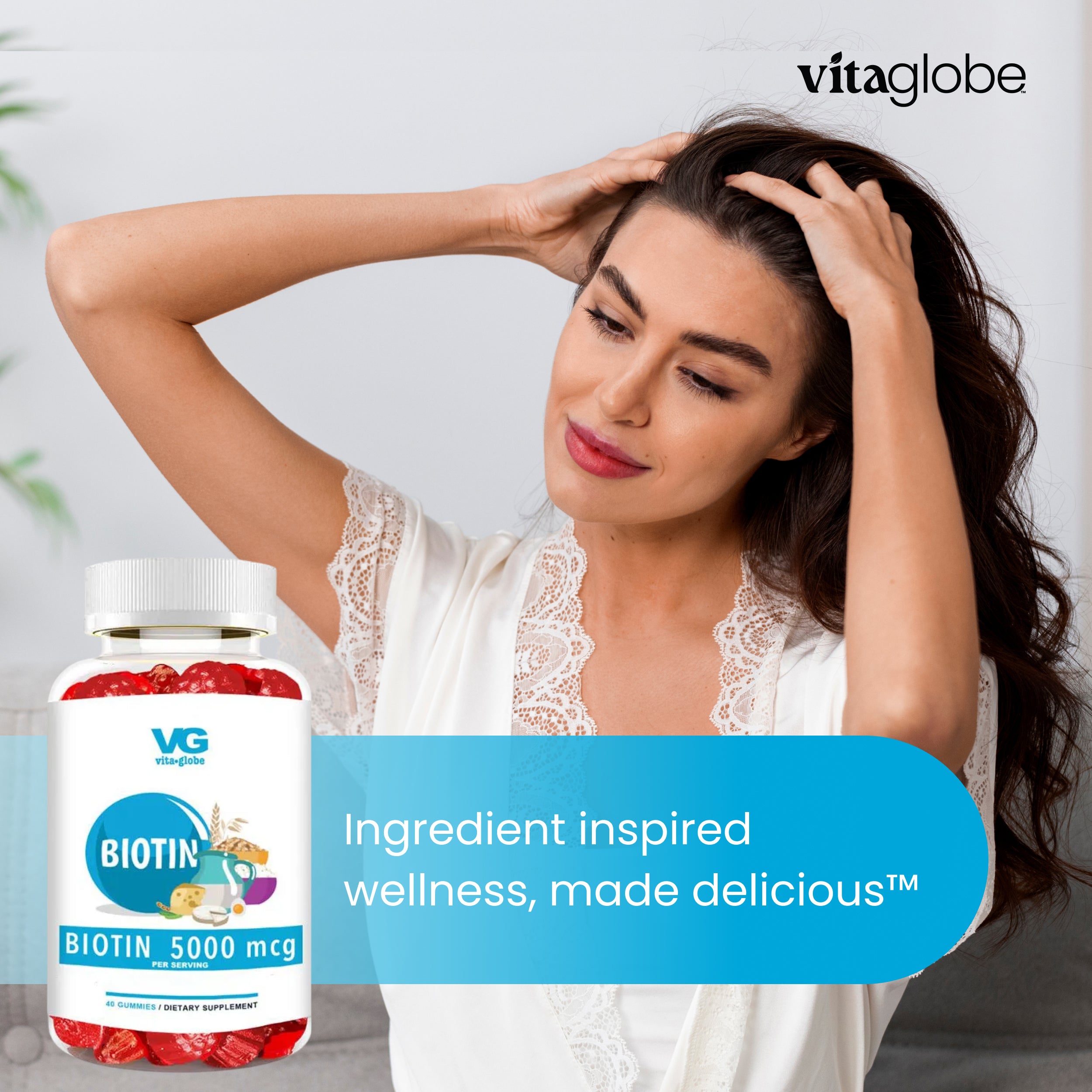 Woman with long hair next to a bottle of Vitaglobe biotin supplements.