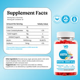 Biotin 5000 mcg dietary supplement gummies in a clear bottle with a white cap and label, shown next to a Supplement Facts panel on a light blue background. The bottle contains red gummies, and the label includes VG Bio and certification icons for vegan, non-GMO, and gluten free.