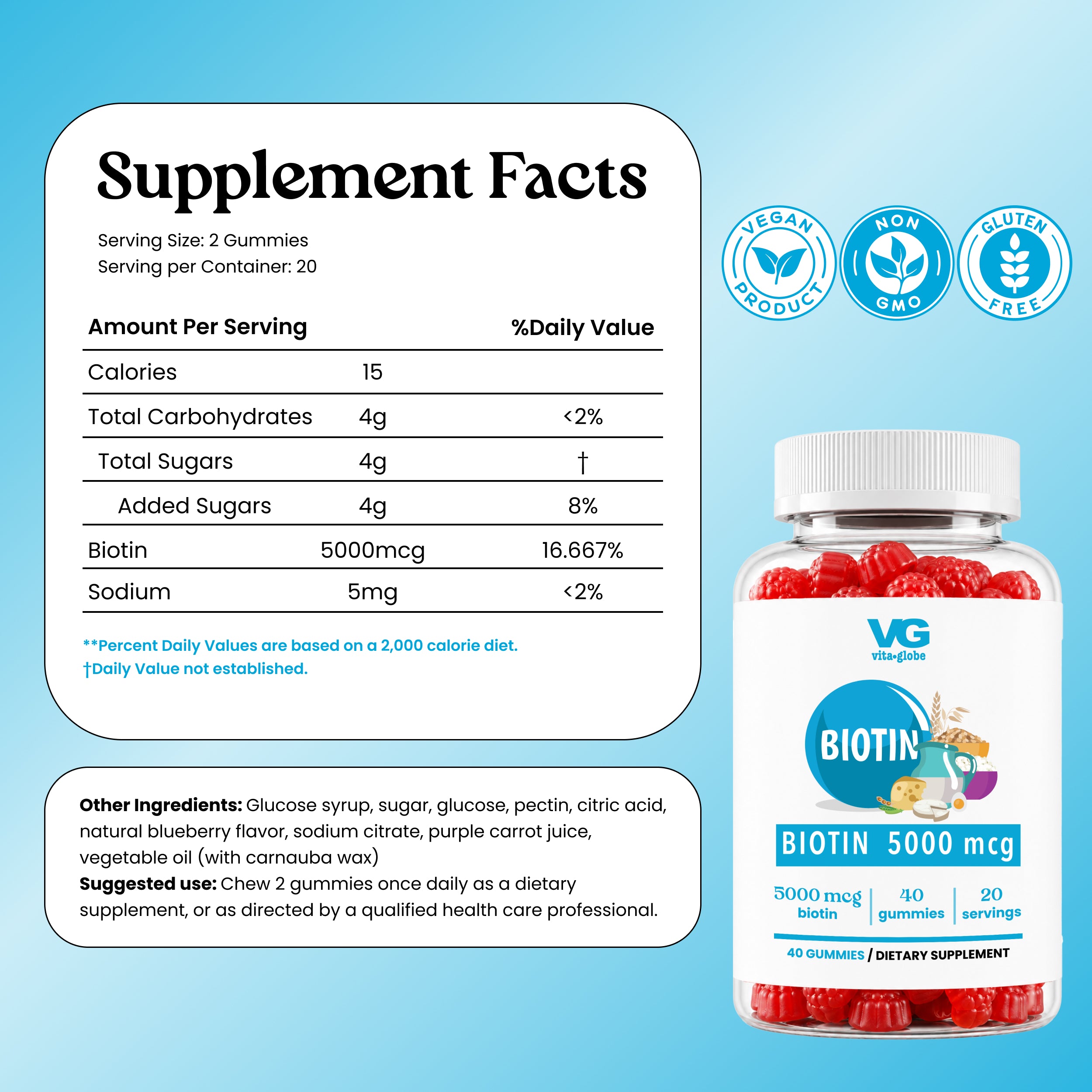 Biotin 5000 mcg dietary supplement gummies in a clear bottle with a white cap and label, shown next to a Supplement Facts panel on a light blue background. The bottle contains red gummies, and the label includes VG Bio and certification icons for vegan, non-GMO, and gluten free.