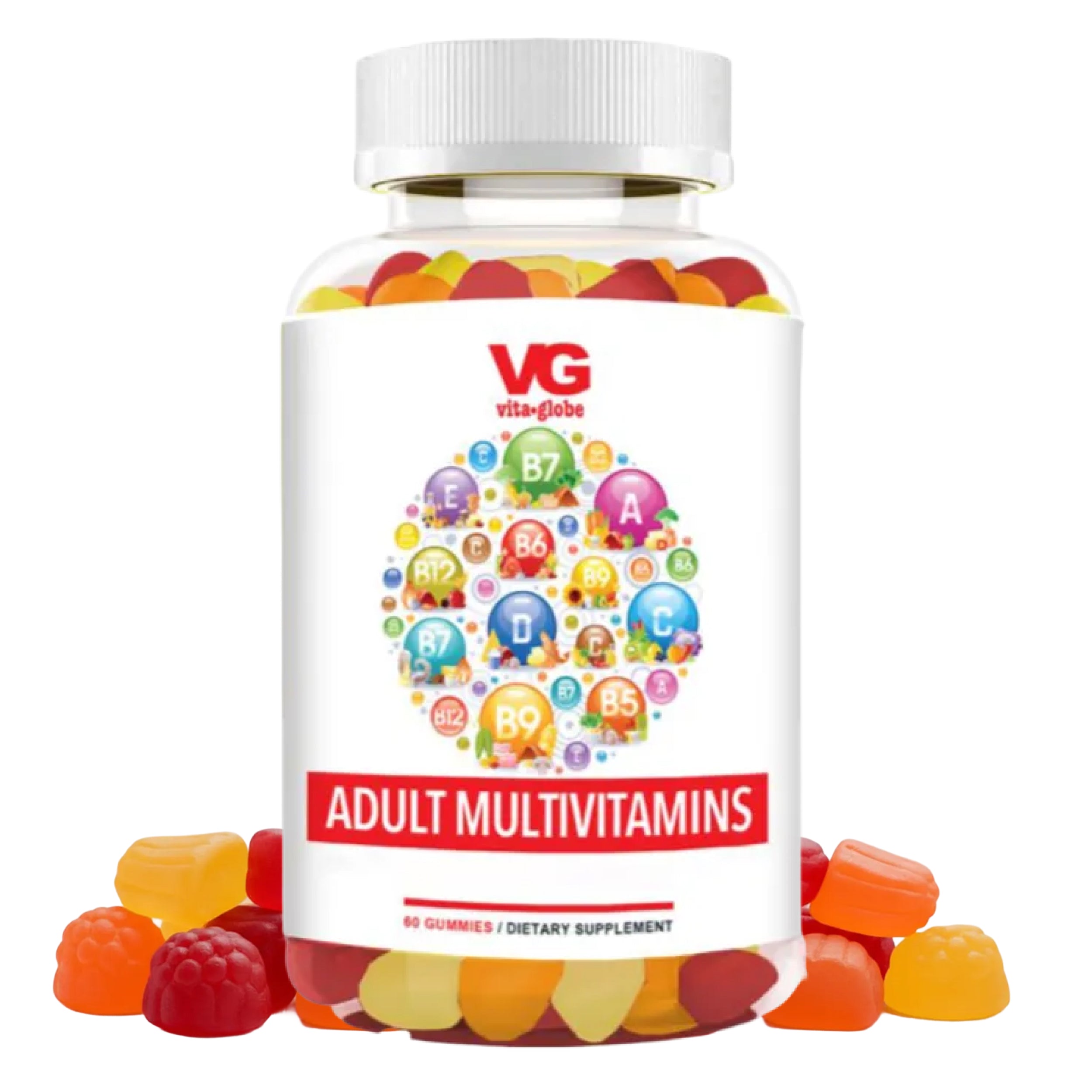 Vita-Globo Adult Multivitamins bottle with gummy vitamins on a white background