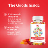 Multivitamin gummy bears with a bottle labeled 'VG' on a red background