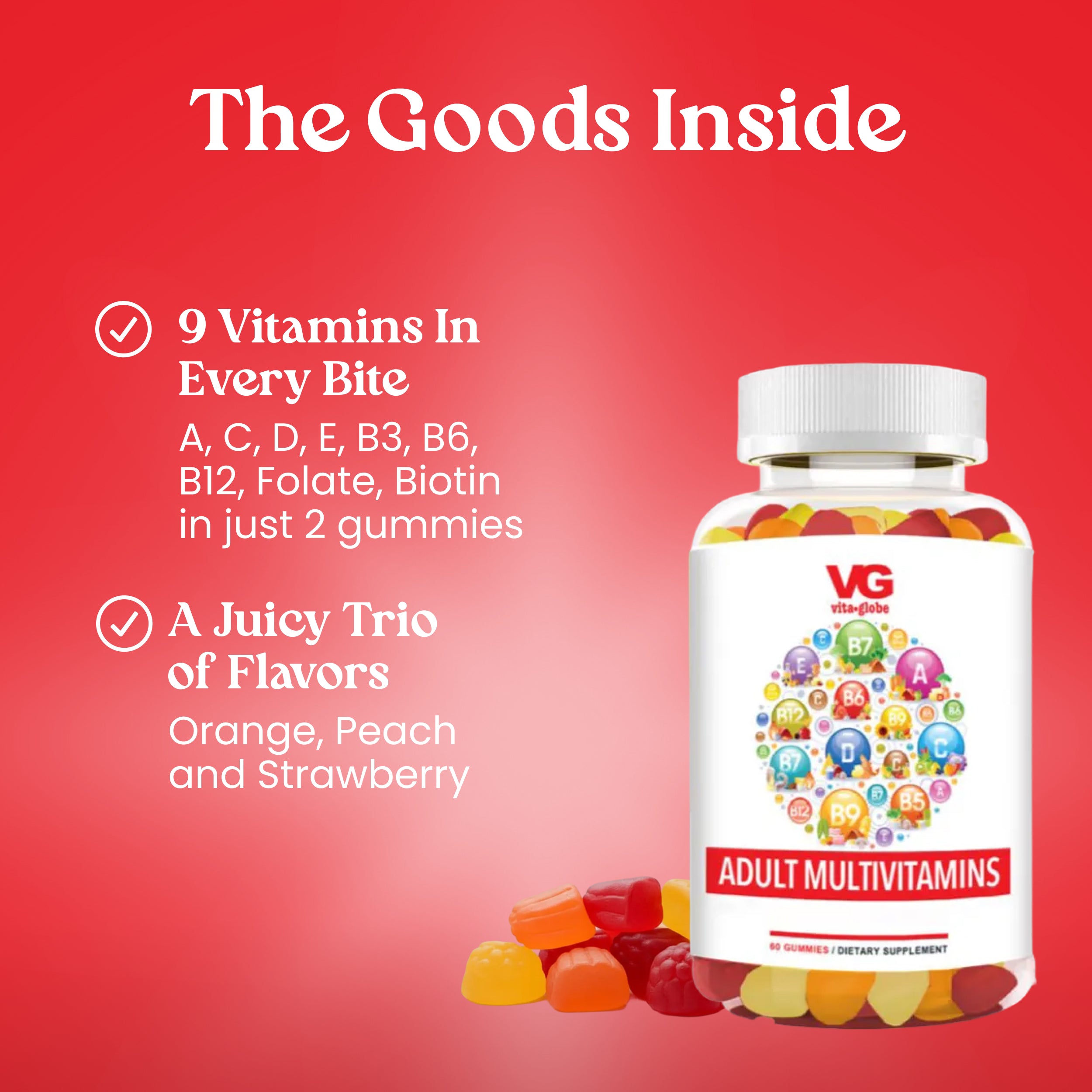 Multivitamin gummy bears with a bottle labeled 'VG' on a red background