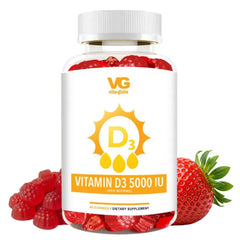 Vitamin D3 supplement bottle with gummy bears and a strawberry on a white background