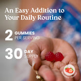 Hand holding two red gummies with text about daily routine and serving size.
