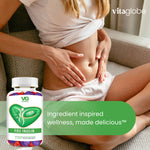 VitaGlobe FOS Inulin supplement bottle with a person holding their stomach, indicating digestive health.