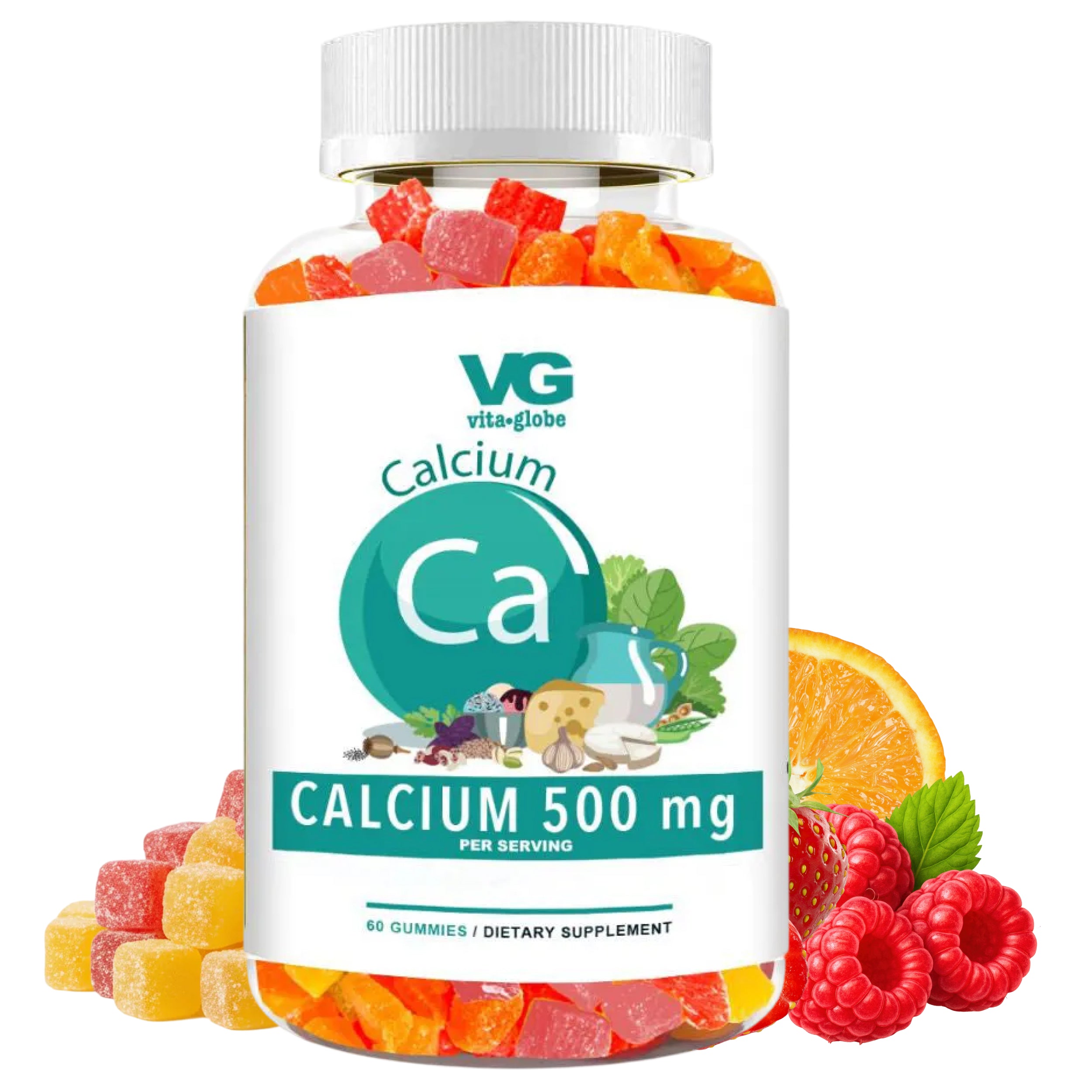 Vita-Globe Calcium 500 mg supplement bottle with gummy vitamins and fruits on a white background