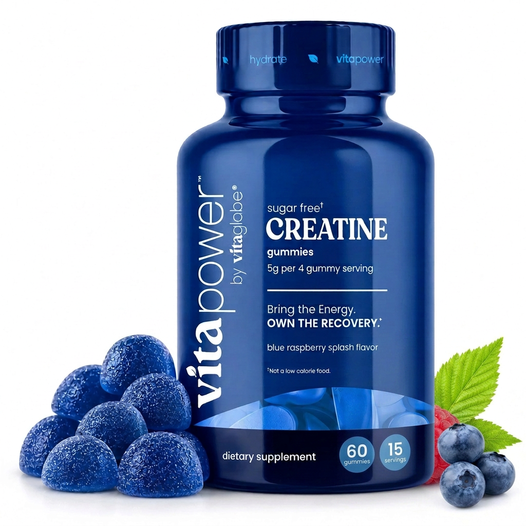 VitaPower Sugar-Free Creatine Monohydrate Gummies, Blue Raspberry — 60-count bottle with blue gummies, a fresh raspberry and blueberries