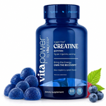VitaPower Sugar-Free Creatine Monohydrate Gummies, Blue Raspberry — 60-count bottle with blue gummies, a fresh raspberry and blueberries