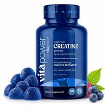 VitaPower Sugar-Free Creatine Monohydrate Gummies, Blue Raspberry — 60-count bottle with blue gummies, a fresh raspberry and blueberries