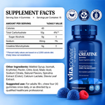 VitaPower Sugar-Free Creatine Gummies, Blue Raspberry — Supplement Facts: 5g creatine monohydrate per 4-gummy serving, 15 servings; other ingredients and suggested use; vegan, non-GMO, gluten-free