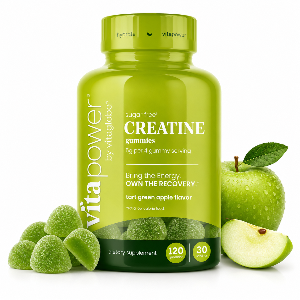 A bottle of Vita Power by Vitaglobe Creatine Gummies in tart green apple flavor, shown with green gummies, whole green apples, and apple slices on a clean white background.