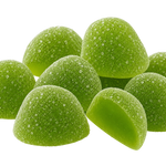 Green dome-shaped gummy candies coated with sugar crystals, with one candy cut in half to show the smooth green center, on a solid white background.
